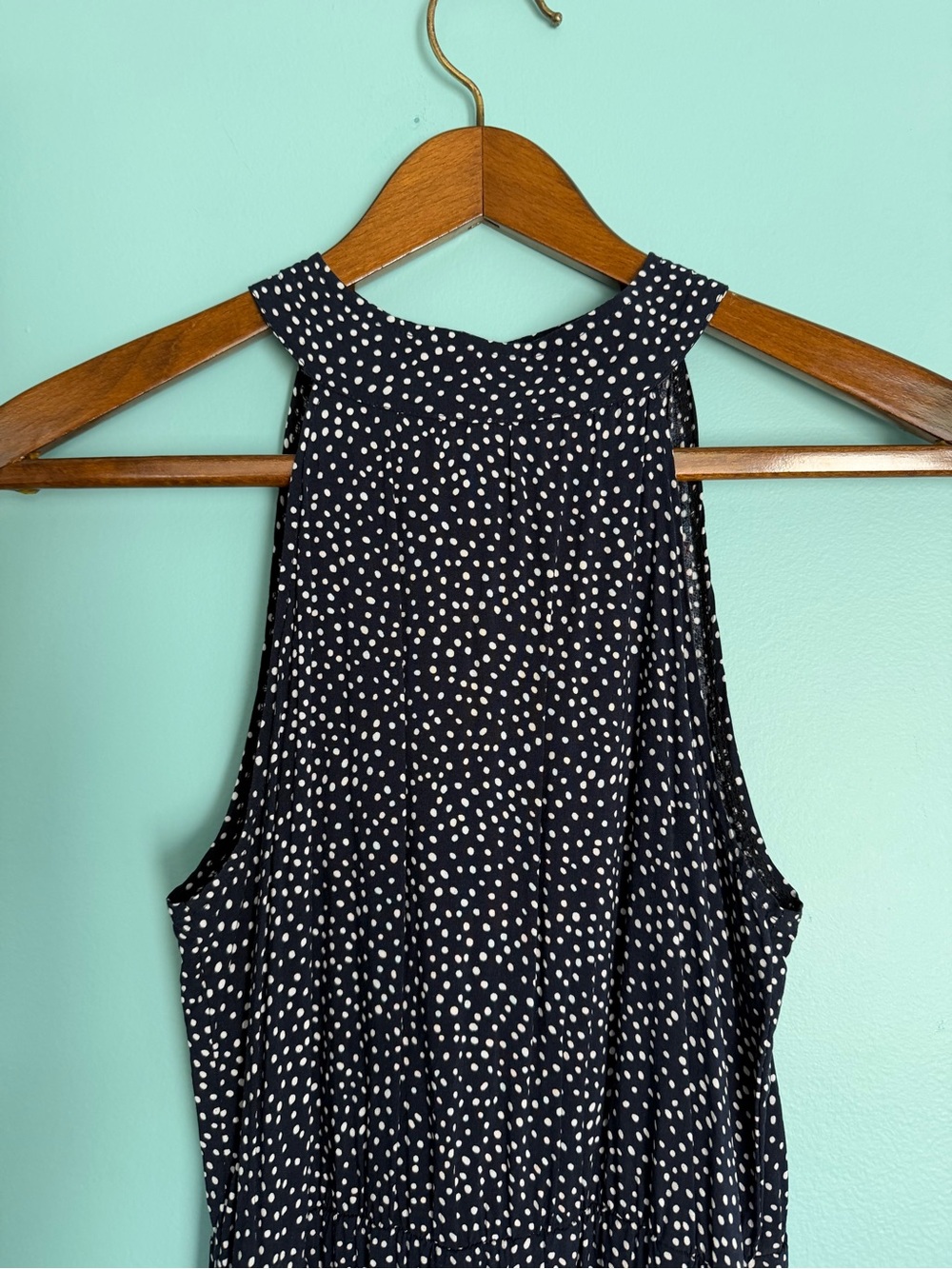 SHEIN Navy Polka Dot Maxi Dress Size L Sleeveless Tiered Stretch Waist Boho - Picture 2 of 5